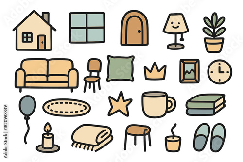 Collection of cartoonish images of furniture and other items