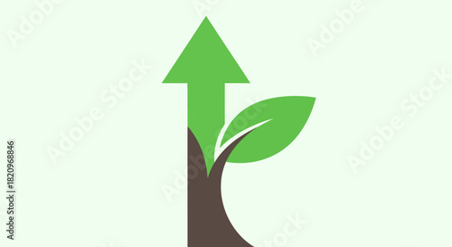 Green arrow pointing upwards with a leaf representing growth and development.