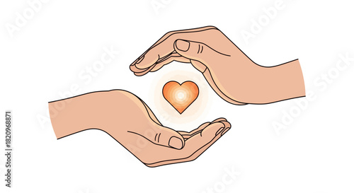 Hands Protecting a Glowing Heart Symbolizing Love Care and Support on White Background.