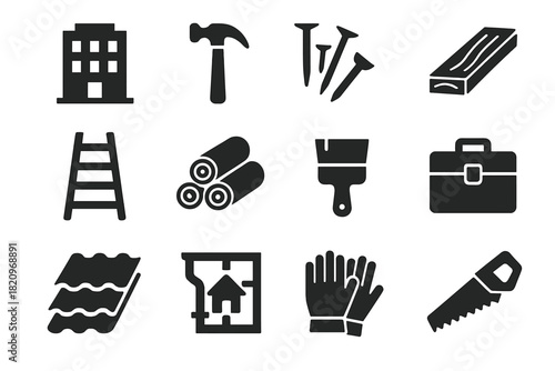 Building Essentials Icons. Solid style icons of Building and maintenance items: hammer, nails, wood plank, ladder, log stack,