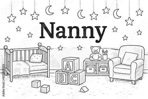 Black and white drawing of a nursery with a crib, a teddy bear, and a chair