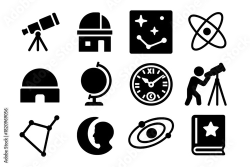 Astronomy Icon Collection. Solid style icons of Astronomy: telescope on tripod, observatory, star chart, orbit diagram,