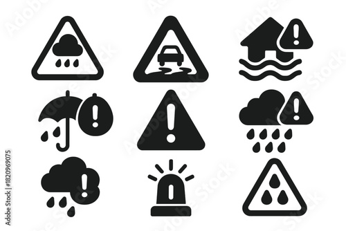 Weather Alert Icons. Solid style icons of weather alerts and warnings: rain alert triangle, wet road sign, flood warning icon,