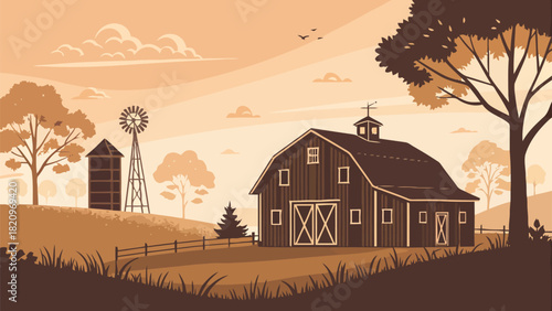 Charming countryside barn scene with rustic windmill, perfect for farmhouse decor projects and vintage themed designs with tranquil rural atmosphere
