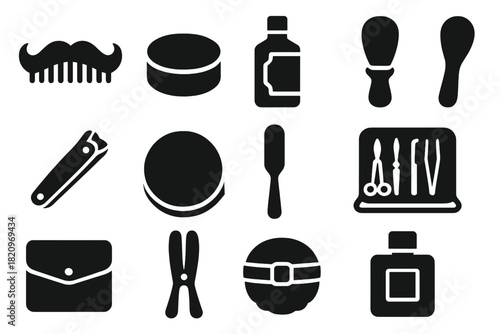 Vintage Grooming Icons. Solid style icons of Vintage Grooming: Mustache Comb, Pomade Tin, Hair Tonic, Brush, Nail Clippers, Shoe