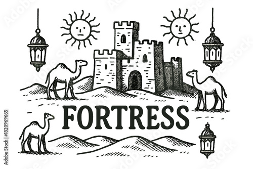 Black and white drawing of a desert with a castle and camels