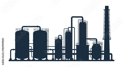 Industrial plant silhouette of factory with tanks and chimneys silhouette