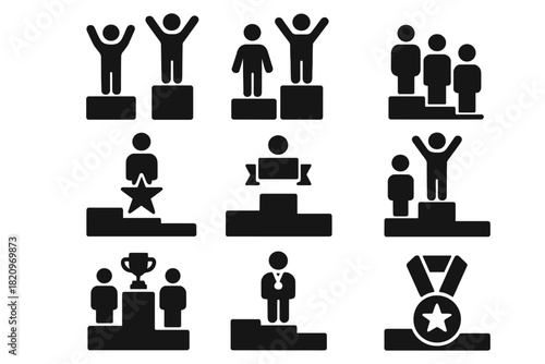 Podium Icons Collection. Solid style icons of Podium winners: 1st place podium, 2nd place podium, 3rd place podium, champion stand