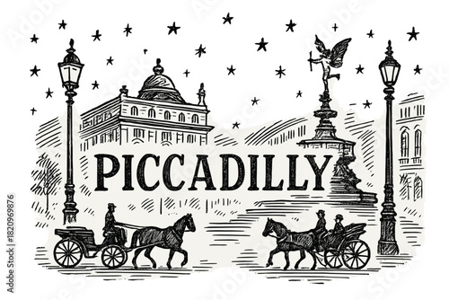 Black and white drawing of a city with two horses and a carriage