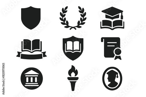 Academy Symbol Icons. Solid style icons of Academy symbols: academic shield, laurel wreath, study emblem, academy banner, book