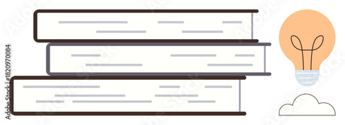 Three stacked books beside a glowing light bulb and a small cloud. Ideal for education, creativity, learning, innovation, knowledge sharing, literature, and idea generation. A simple flat metaphor