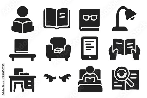 Reading Essentials Icons. Solid style icons of Reading: person reading, open pages, glasses on book, reading lamp, book on table,