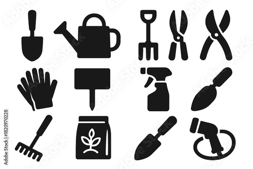 Gardening Tools Icons. Solid style icons of Gardening Tools: small spade, watering can, garden fork, pruning shears, gloves, plant