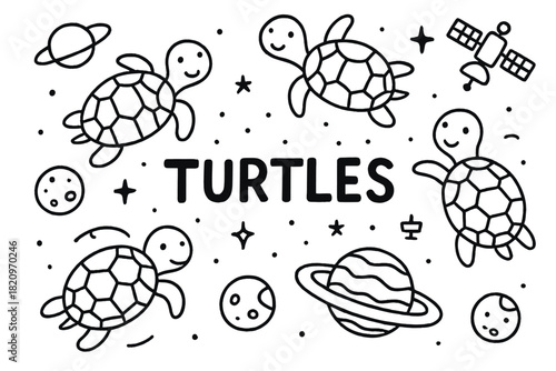 Group of turtles are drawn in a space theme