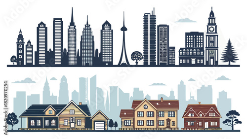 Cityscape panorama with urban skyline above residential houses, a modern community, perfect for real estate marketing and urban planning presentations