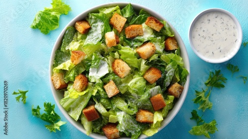 Fresh caesar salad in a white bowl.