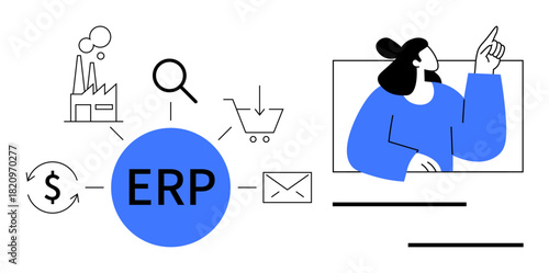 Central ERP circle with icons representing e-commerce, manufacturing, email, finance, and search, alongside a figure explaining processes. Ideal for business, technology, systems organization