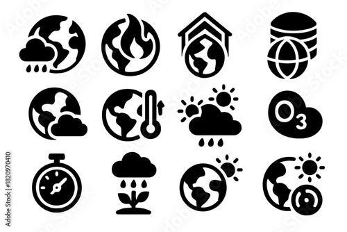 Climate Icons Set. Solid style icons of climate and atmosphere: earth with weather, climate change icon, greenhouse effect,