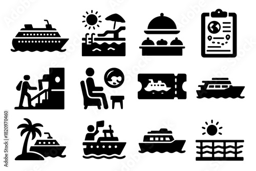 Cruise Ship Icons. Solid style icons of cruise and tourism ships: large cruise liner, entertainment deck, onboard buffet icon,
