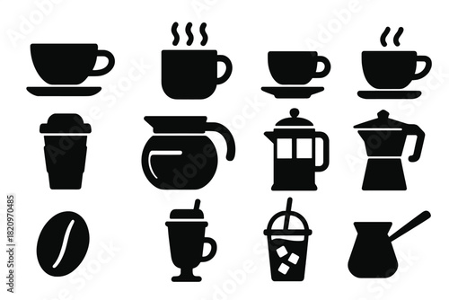 Coffee Icon Collection. Solid style icons of Coffee: coffee cup, steaming mug, espresso cup, cappuccino mug, to-go cup, coffee pot