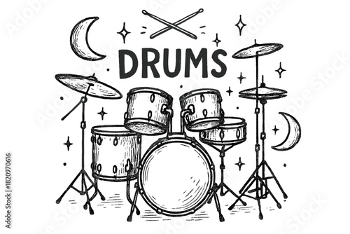 Drawing of a drum set with the word drums written below it