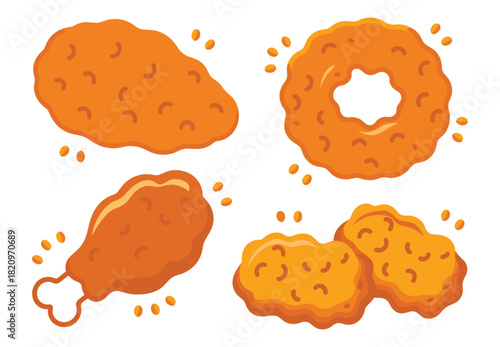 A collection of four distinct pieces of fried chicken are depicted in a top-down view against a white background, showcasing their crispy texture and orange-brown coating.
