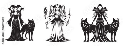 Triple Goddess Hecate Illustration with Wolves, Mythology Witchcraft Vector Art.