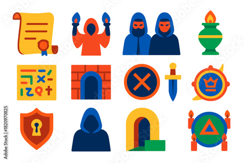 Secrecy Icons Collection. Flat vector icons of secrecy in cultural and historical contexts: ancient scroll, secret ritual, masked