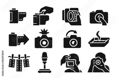 Photography Process Icons. Solid style icons of Photography Process: loading film, winding lever, focusing lens, pressing shutter,