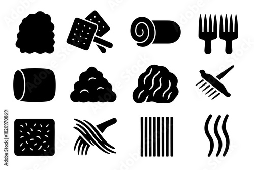 Wool Preparation Icons. Solid style icons of Wool Preparation: raw fleece, wool carders, rolag roll, hand combs, spinning batt,
