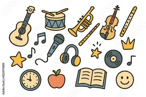 Collection of musical instruments and objects, including a guitar, a drum