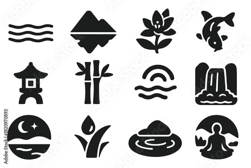 Peaceful Nature Icons. Solid style icons of Peaceful Atmosphere: calm water, mountain reflection, blooming lily, koi swimming,