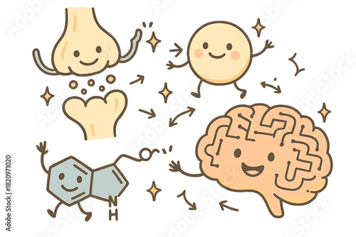 Happy Neurotransmitter Adventure. Friendly doodle neurotransmitter dynamics scene with happy serotonin and dopamine molecules,