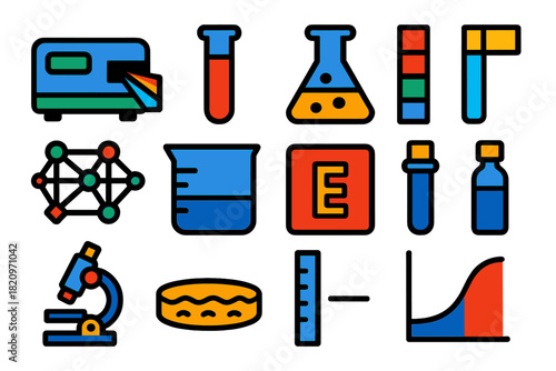 Colorful Chemical Icons. Flat vector icons of chemical and mineral analysis: spectrometer, test tube, chemical flask, pH strip,