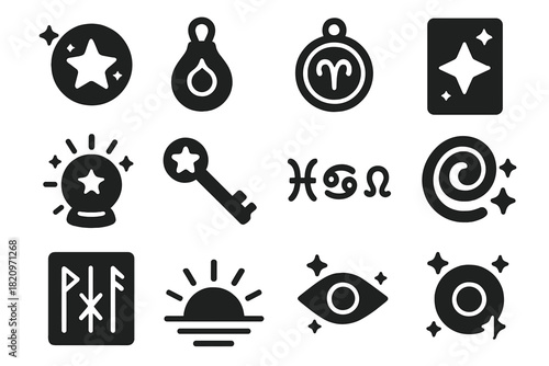 Astrological Magic Icons. Solid style icons of Astrological Magic: star orb, charm talisman, zodiac amulet, cosmic card, ritual