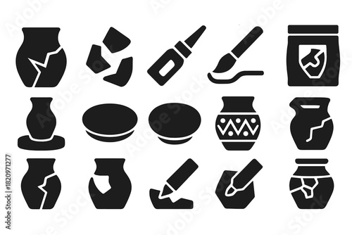 Pottery Reconstruction Icons. Solid style icons of Pottery Reconstruction: cracked vase, pottery shards, restoration glue, brush