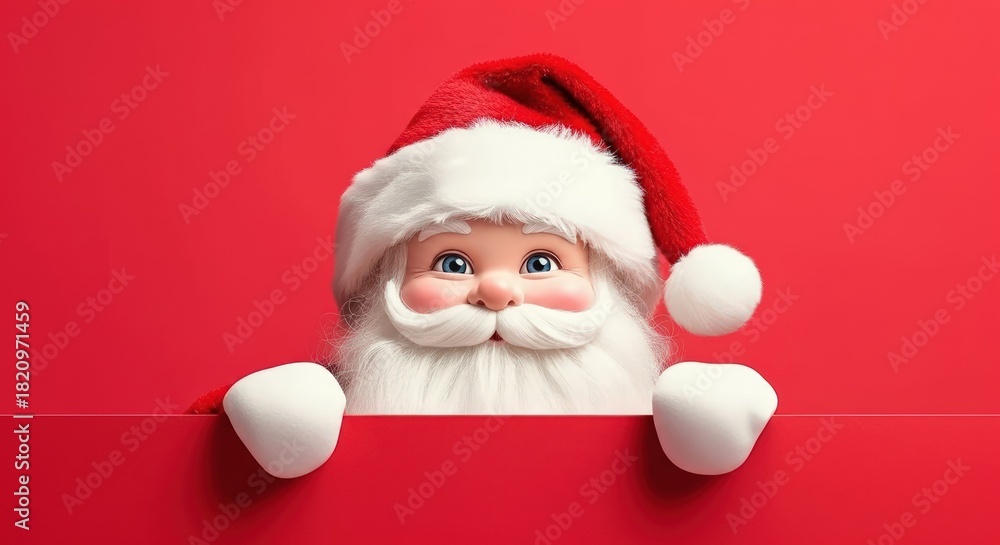 Naklejka premium Jolly Santa Claus peeking over a vibrant red surface invites festive cheer and holiday excitement.