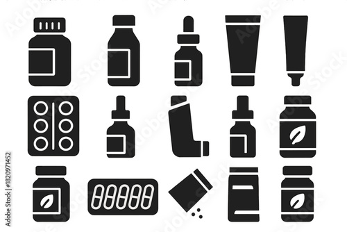 Medicine Icons Collection. Solid style icons of Medicine: pill bottle, syrup bottle, dropper bottle, ointment tube, blister pack,