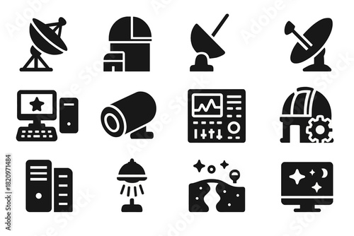 Modern Observatory Icons. Solid style icons of Modern observatory tech: radio telescope, solar observatory, laser guide star,