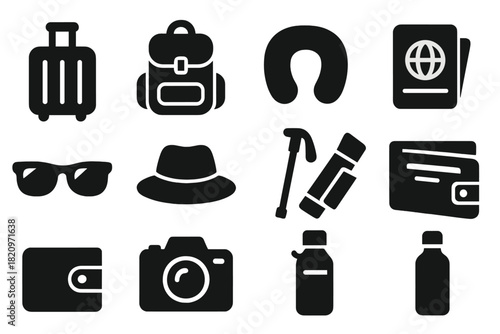 Travel Essentials Icons. Solid style icons of Travel luggage and accessories: suitcase, backpack, travel pillow, passport,