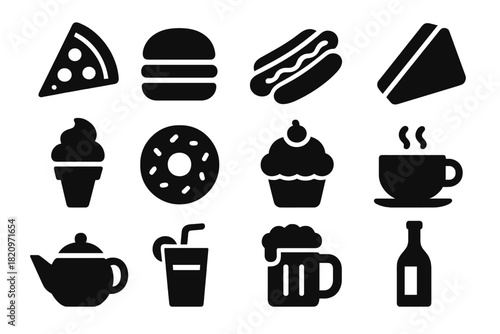Food and Drink Icons. Solid style icons of Food and drinks: pizza, burger, hotdog, sandwich, ice cream, donut, cupcake, coffee cup