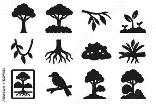 Rainforest Layer Icons. Solid style icons of Rainforest layers: emergent tree, upper canopy, understory branch, forest floor,