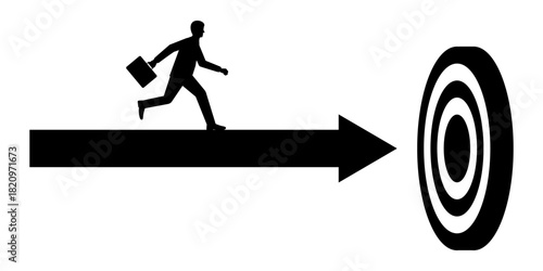 Businessman Running toward Target Silhouette. Goal Achievement and Success Business Concept.   