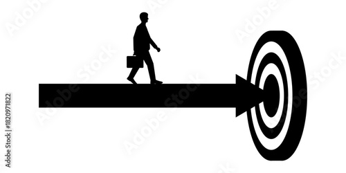 Businessman Walking toward Target Silhouette. Goal Achievement and Success Business Concept.   