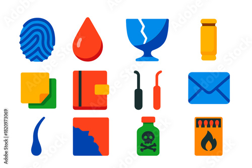 Detective Evidence Icons. Flat vector icons of Detective Evidence: fingerprint, blood droplet, broken glass, bullet casing, hidden