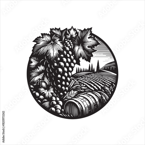 Classic black and white vineyard with a grape cluster and oak barrels, a detailed vector logo illustration. 45