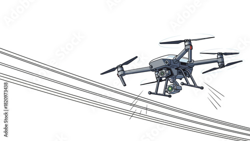 A gray drone with a camera flies over power lines