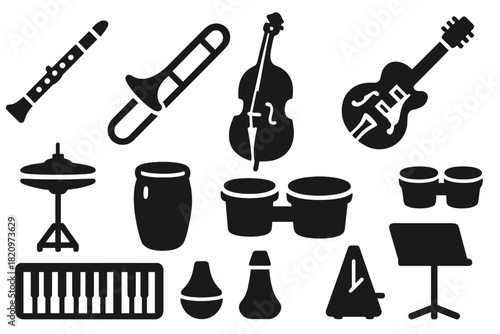 Jazz Instrument Icons. Solid style icons of Jazz instruments and gear: clarinet, trombone, double bass, jazz guitar, hi-hat