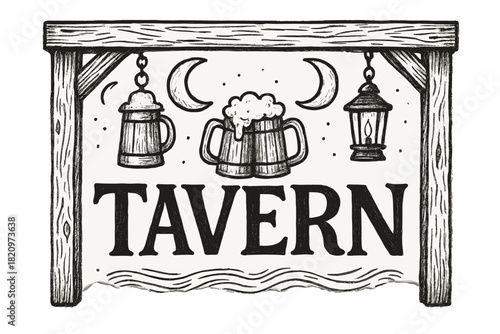 Sign for a tavern with a moon and a lantern hanging from it
