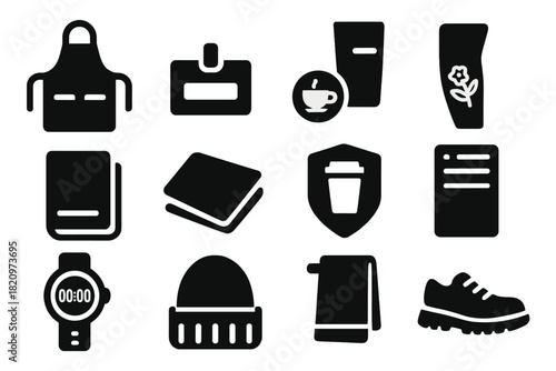 Barista Icon Set. Solid style icons of Barista attire and accessories: apron, name tag, coffee pin, sleeve tattoo, pocket notebook